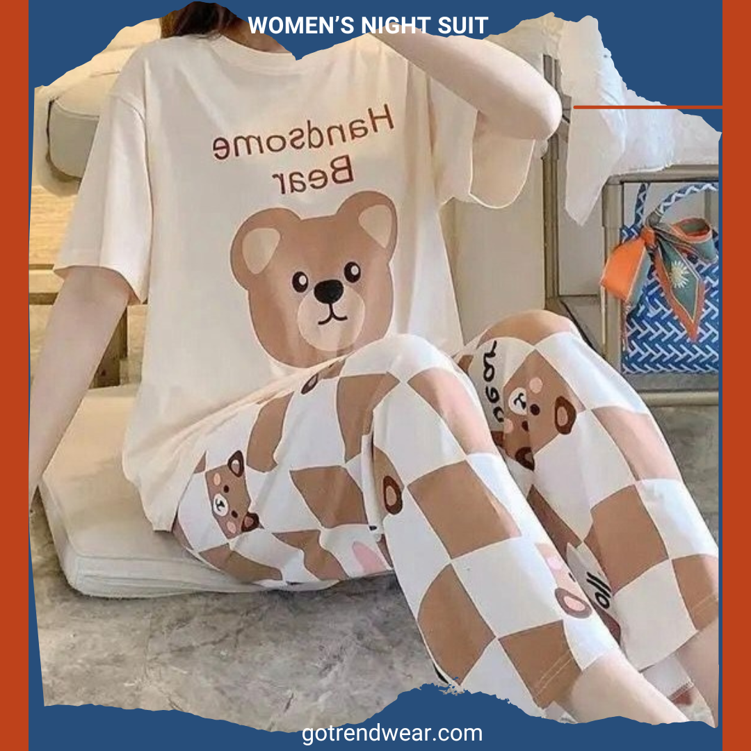 Women’s Trendy Printed Night Suits '' White & Brown 10 ''