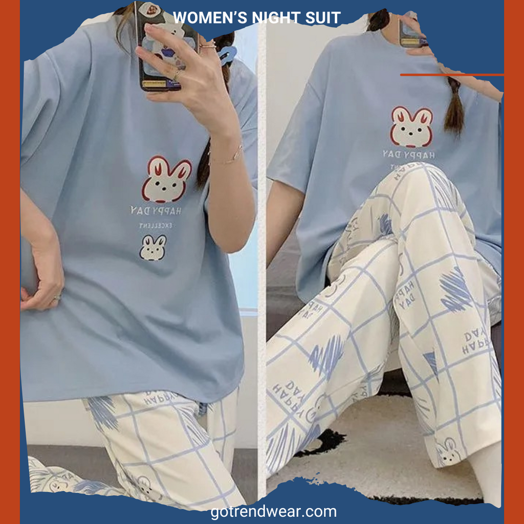 Women’s Trendy Printed Night Suits '' Maya Blue & White 11 ''