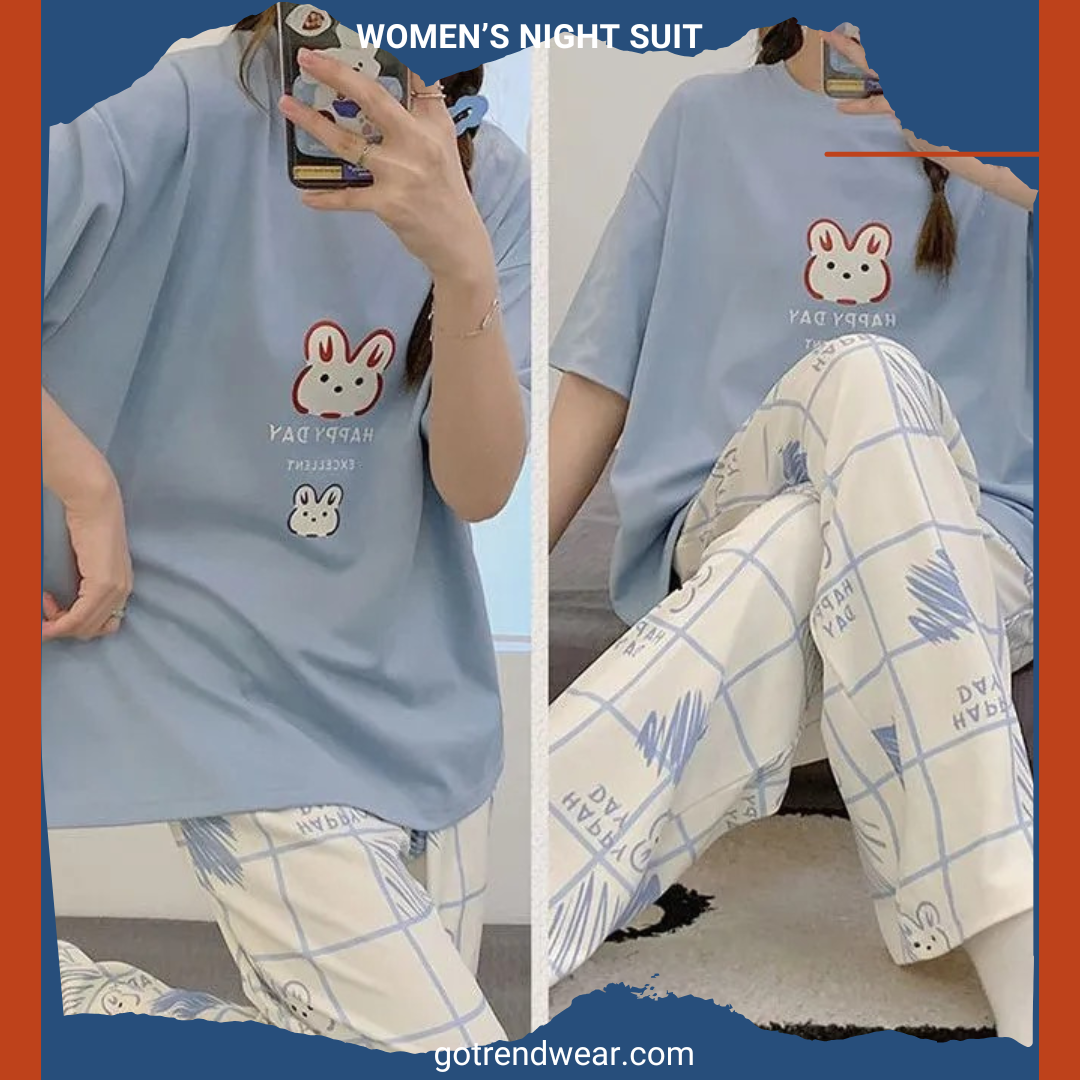 Women’s Trendy Printed Night Suits '' Maya Blue & White 11 ''