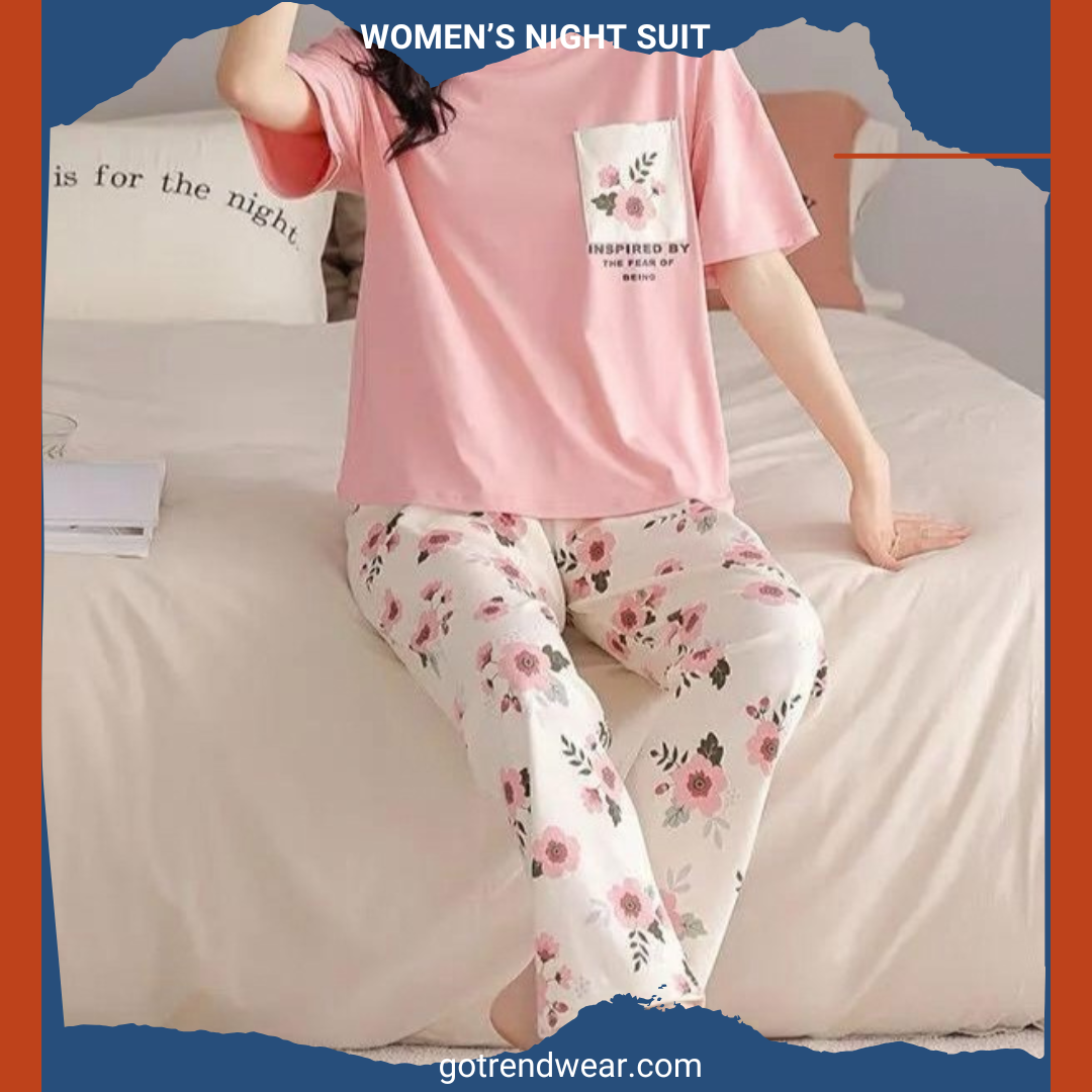 Women’s Trendy Printed Night Suits '' Pink & White 14 ''