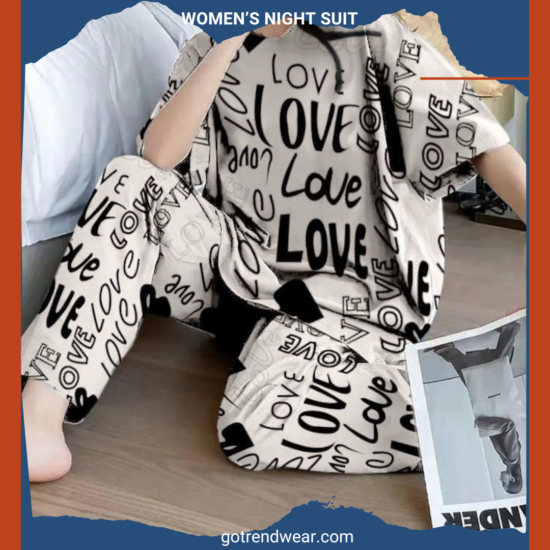 Women’s Trendy Printed Night Suits '' White & White 15 ''