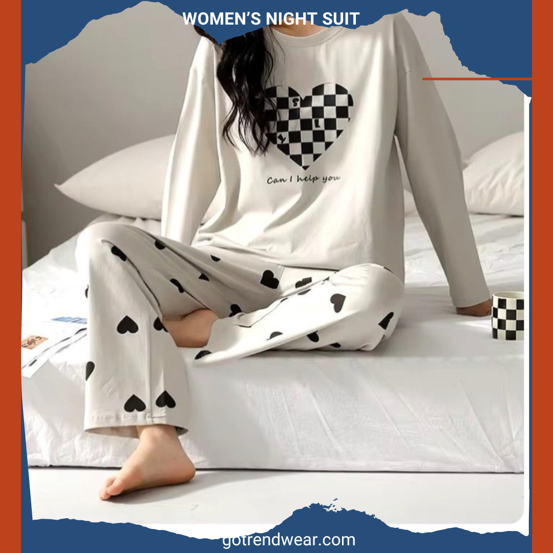 Women’s Trendy Printed Night Suits '' White & White 16 ''