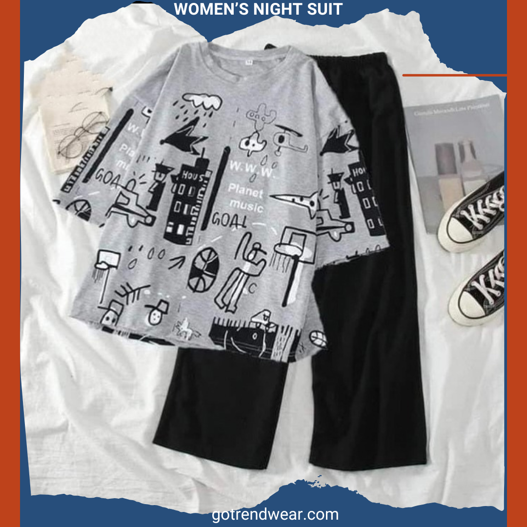 Women’s Trendy Printed Night Suits '' Grey & Black 19 ''