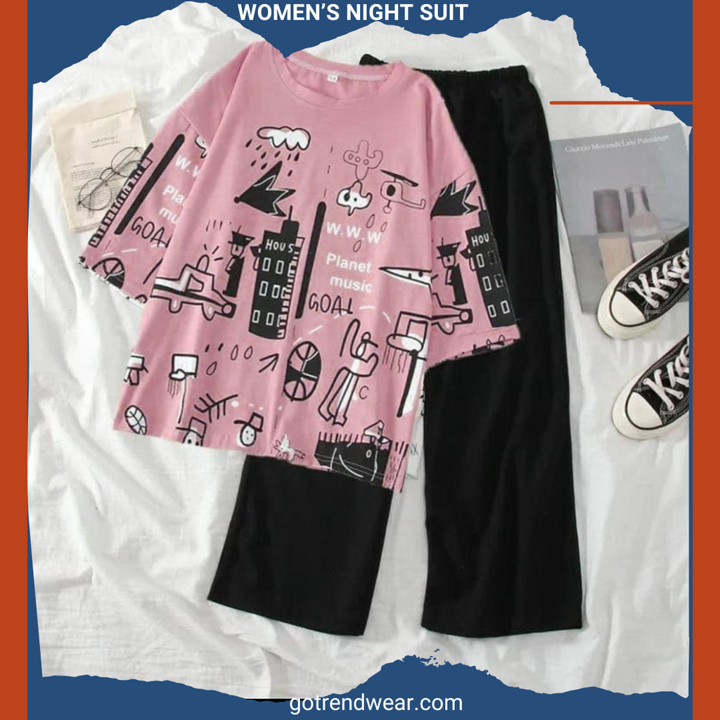 Women’s Trendy Printed Night Suits '' Pink & Black 20 ''