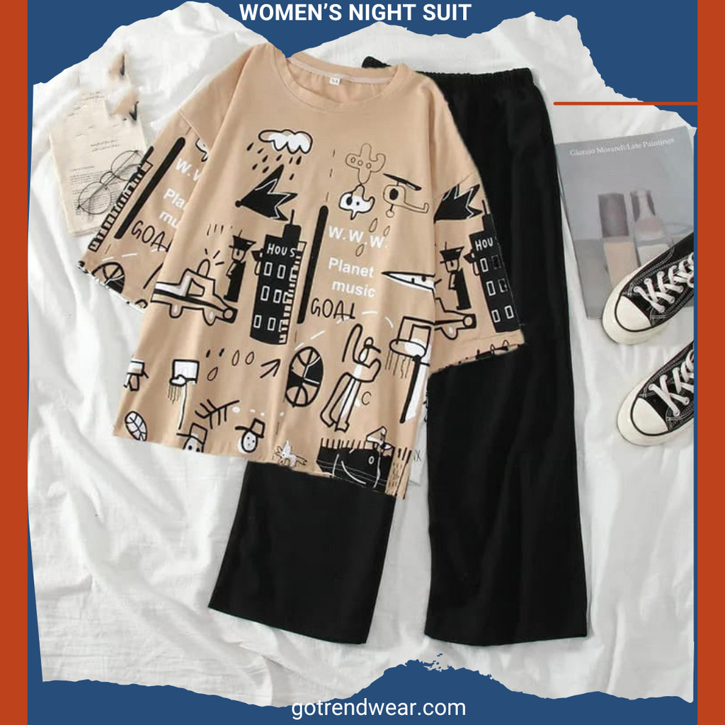 Women’s Trendy Printed Night Suits '' Pink & Black 21 ''