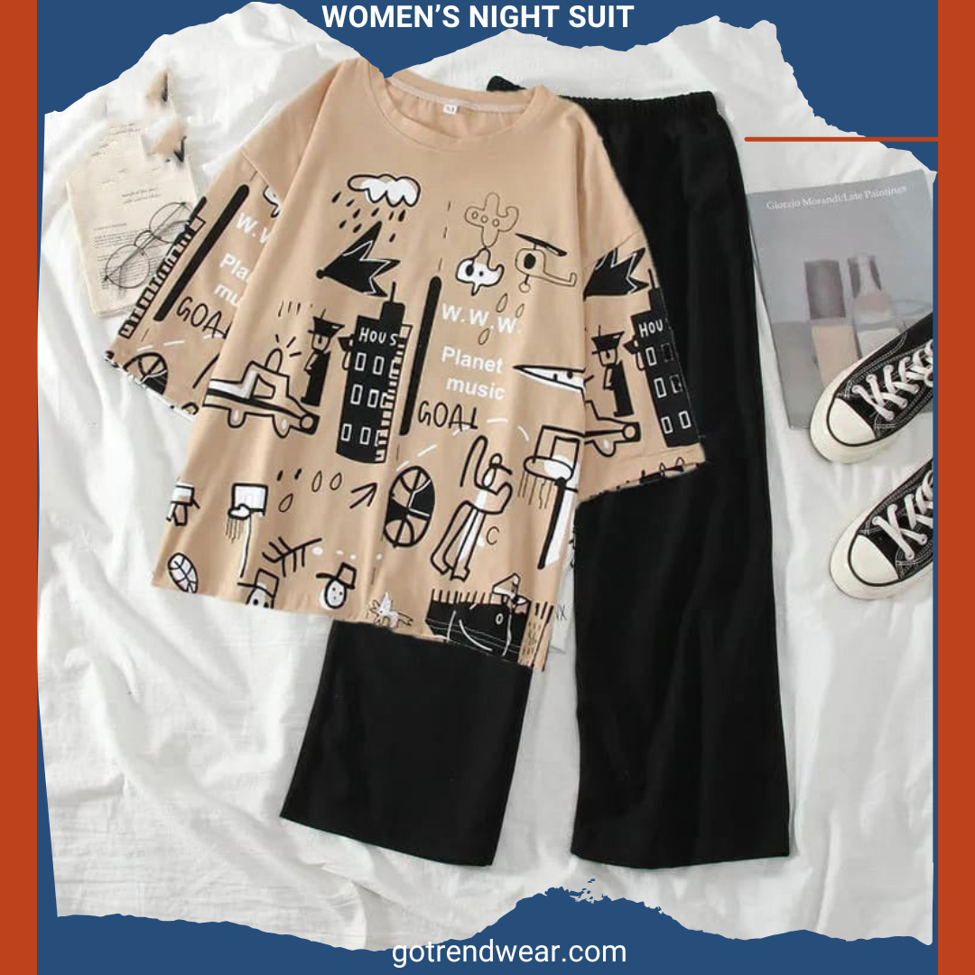 Women’s Trendy Printed Night Suits '' Pink & Black 21 ''